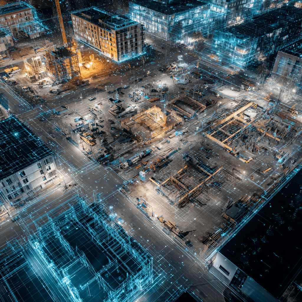 Construction site at night with AI data overlay